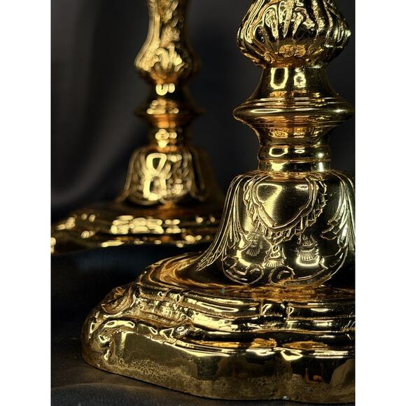 Solid Brass Candlestick Pair 10” Heavy Gold Finish Vintage French Style - Picture 4 of 14